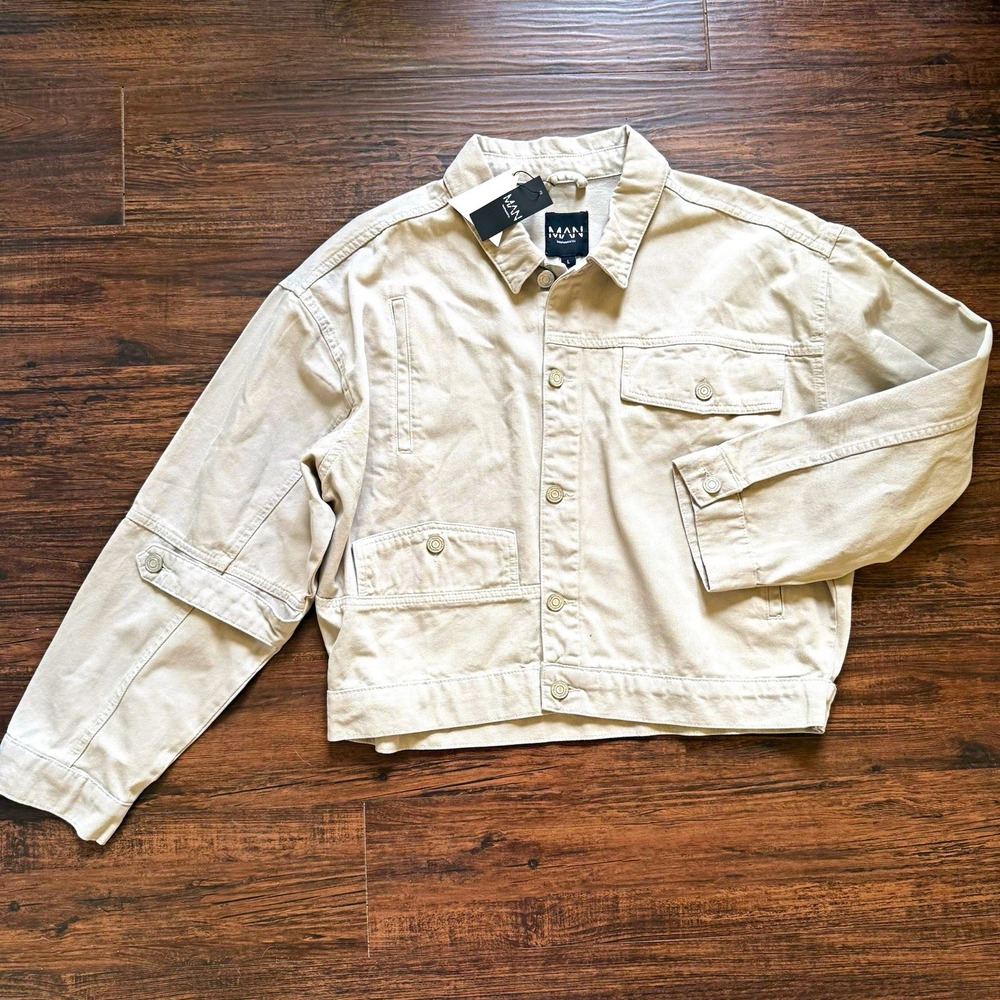NWT BoohooMAN Boxy Overdyed Denim Trucker Jacket Stone Beige Men Size L